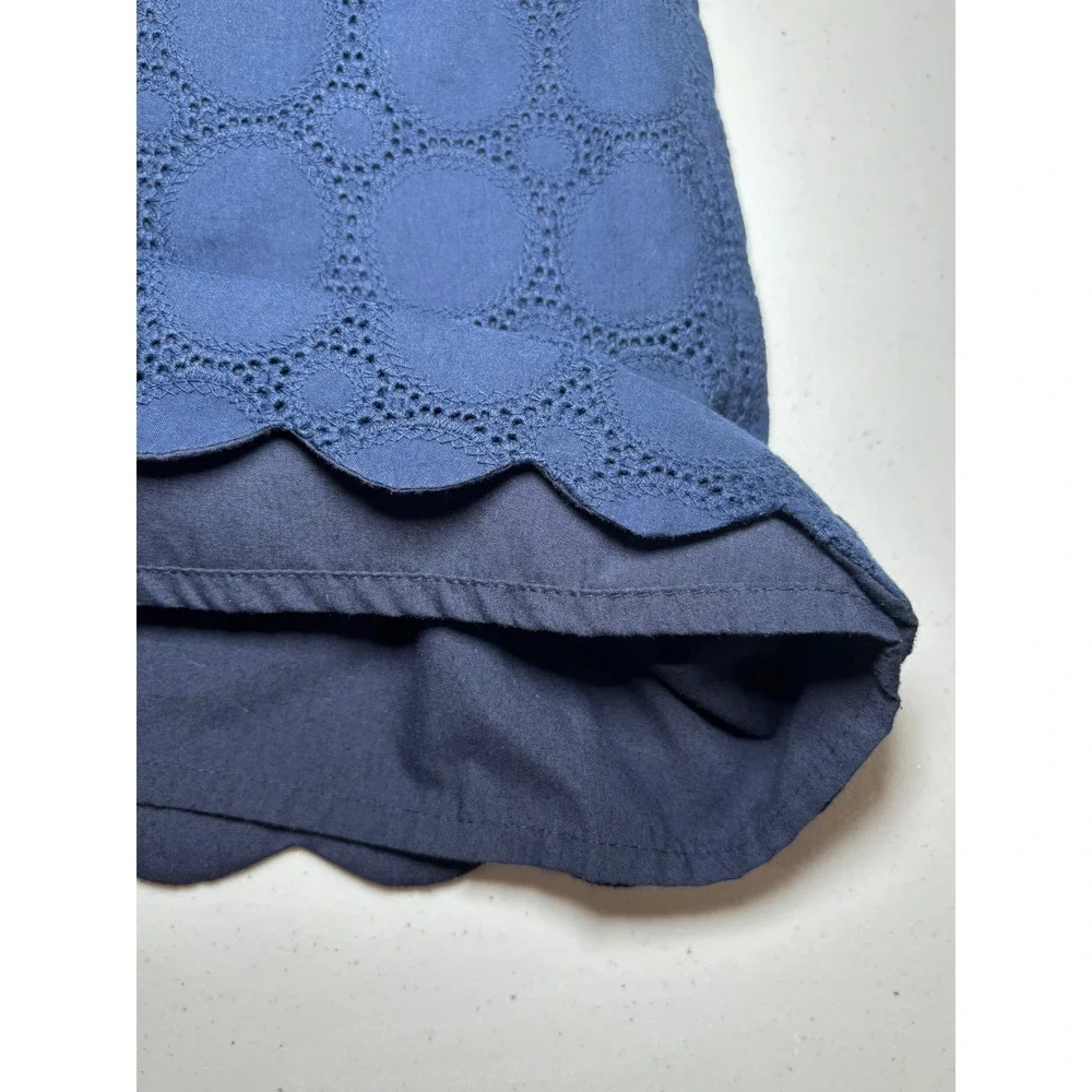 J.Crew Navy Blue Eyelet‎ Cotton Mini Dress 12 V-Neck Long Sleeve Lined Scallop